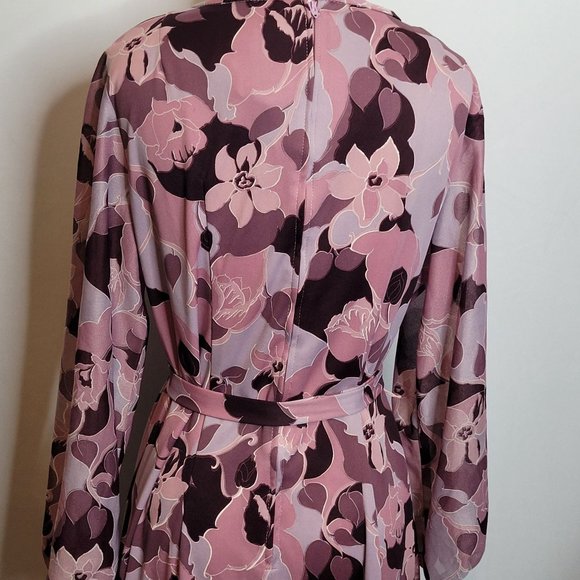 Vintage Dress Floral Polyester Purple Belted Long Sleeve Medium Damon Fashion 70 - Picture 5 of 10